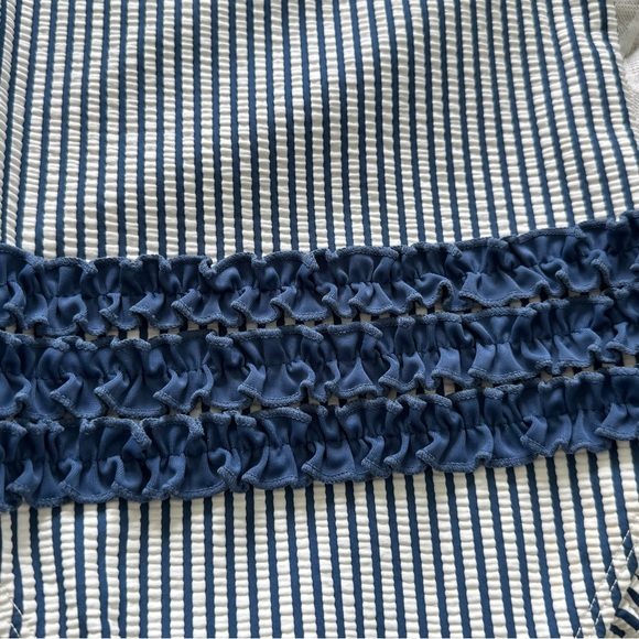 Ruffle Butts Navy and White Striped Seersucker One Piece Baby Girl Swimsuit - Picture 2 of 6